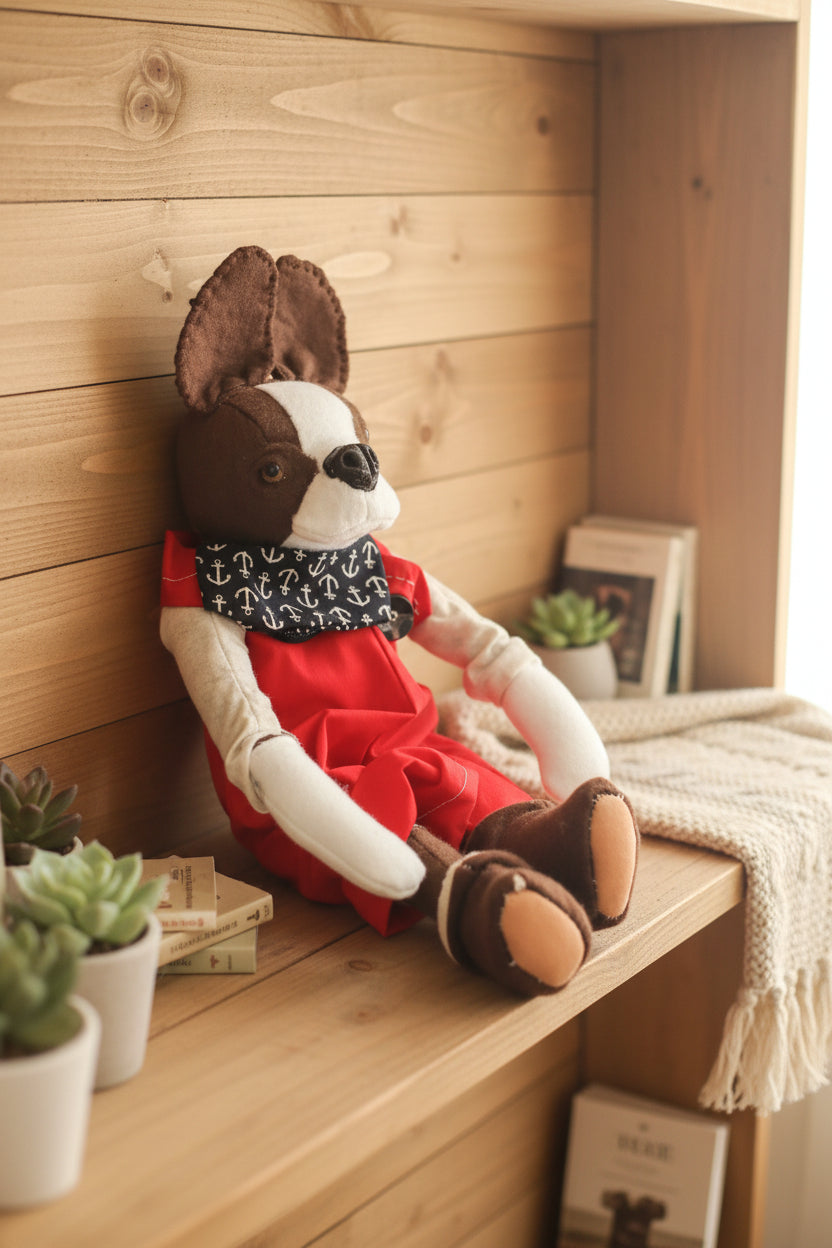 Stuffed dog toy with a red outfit and black bandana on a beige background