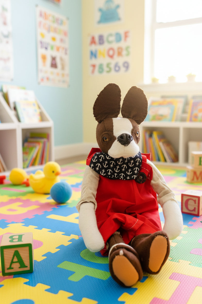 Stuffed animal toy with a red dress and black and white patterned scarf on a neutral background