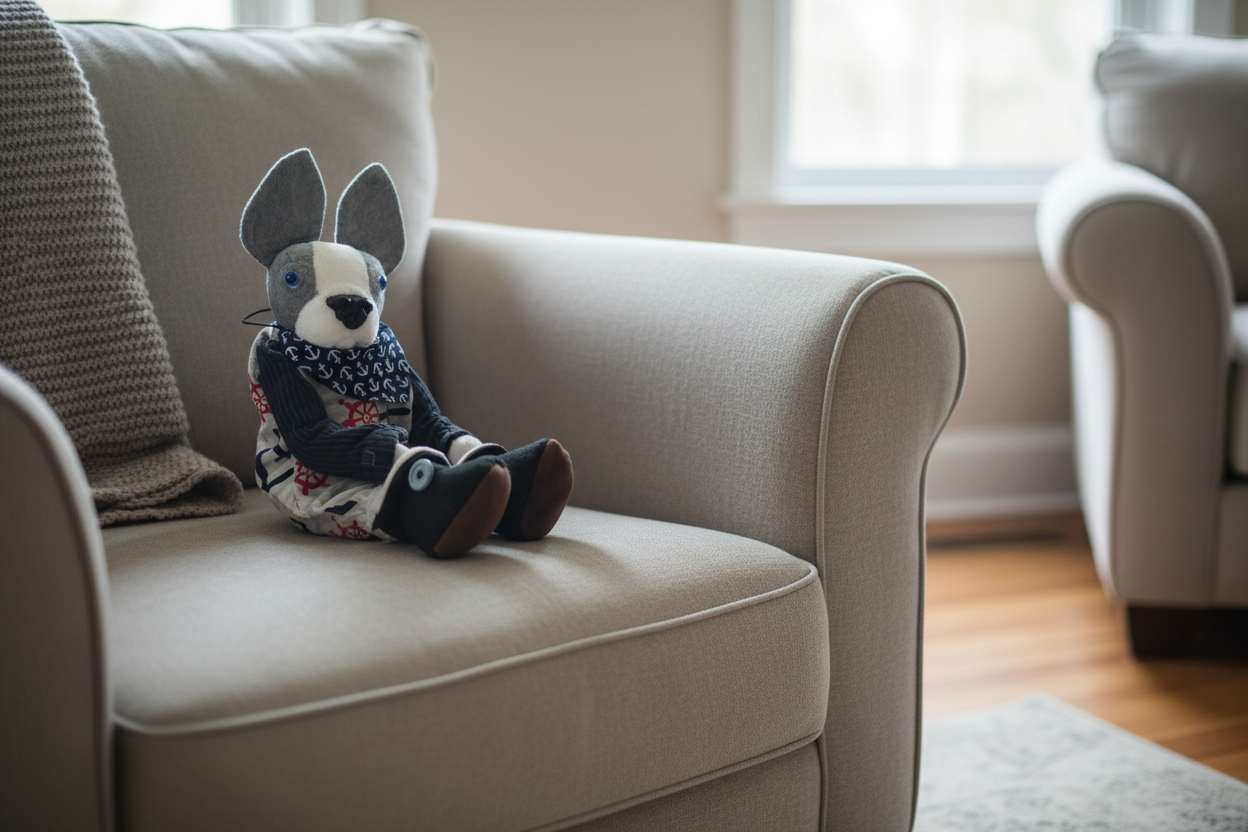 Stuffed animal toy with a sweater on a white background