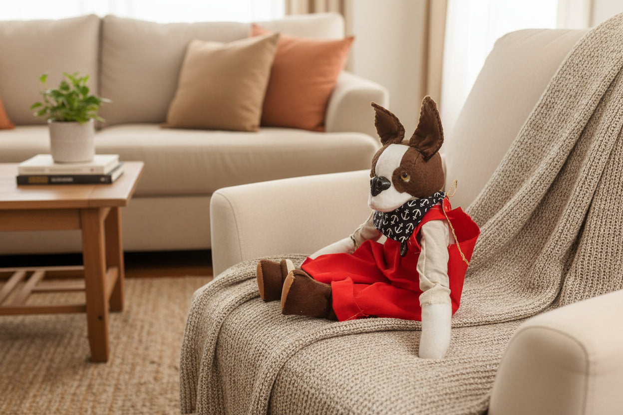Stuffed animal dog wearing a red outfit and bandana on a beige surface