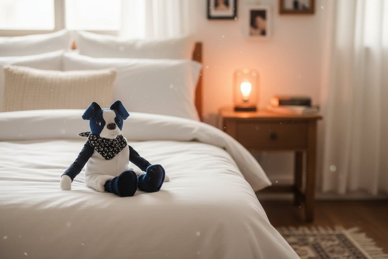 Stuffed toy dog with blue outfit and black and white scarf on a beige surface
