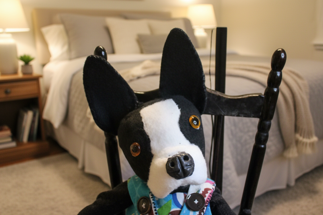 Stuffed dog toy with black and white fur sitting on a chair