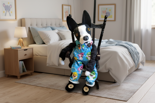 Stuffed dog toy with a blue outfit on a white background