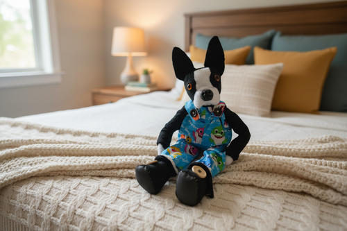 Plush dog toy with cartoon design on a white background