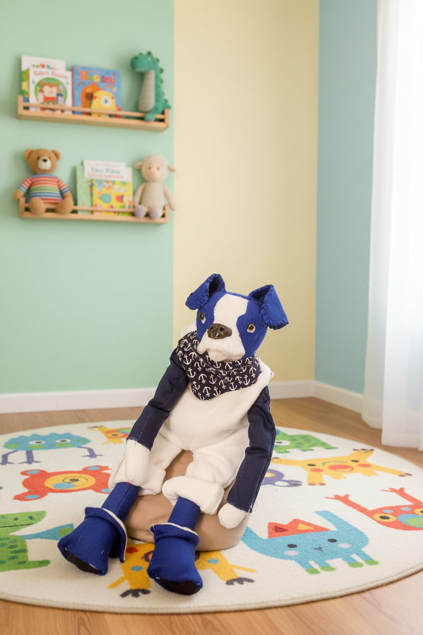 Stuffed animal toy with blue and white clothing on a wooden surface
