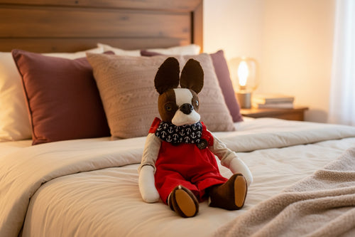 Stuffed animal toy with a red outfit and anchor-patterned scarf on a beige surface.