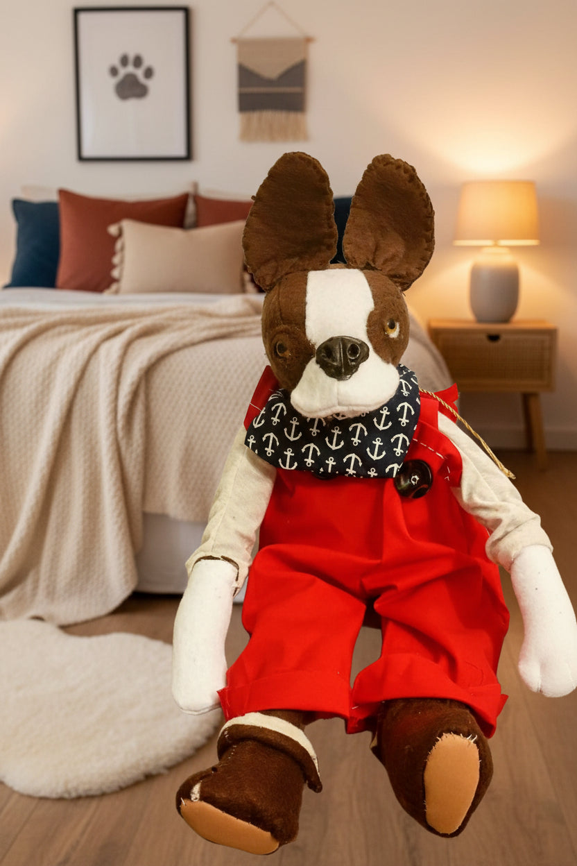 Stuffed animal toy with a red outfit and anchor-patterned scarf on a neutral background