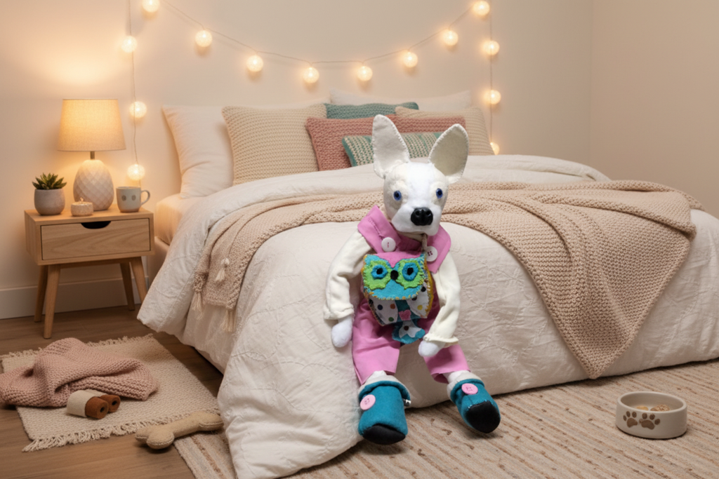 Stuffed animal toy with pink overalls and blue boots on a white background