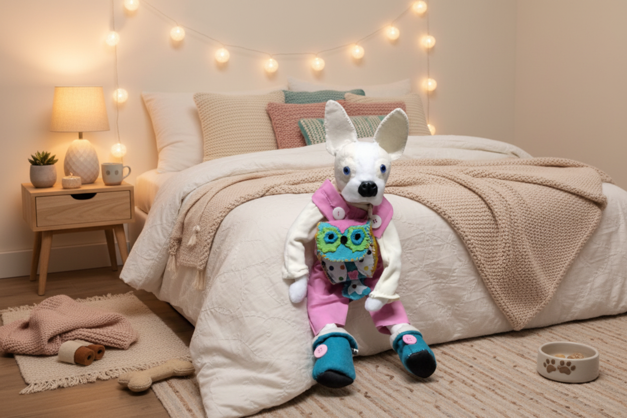 Stuffed animal toy with pink overalls and blue boots on a white background