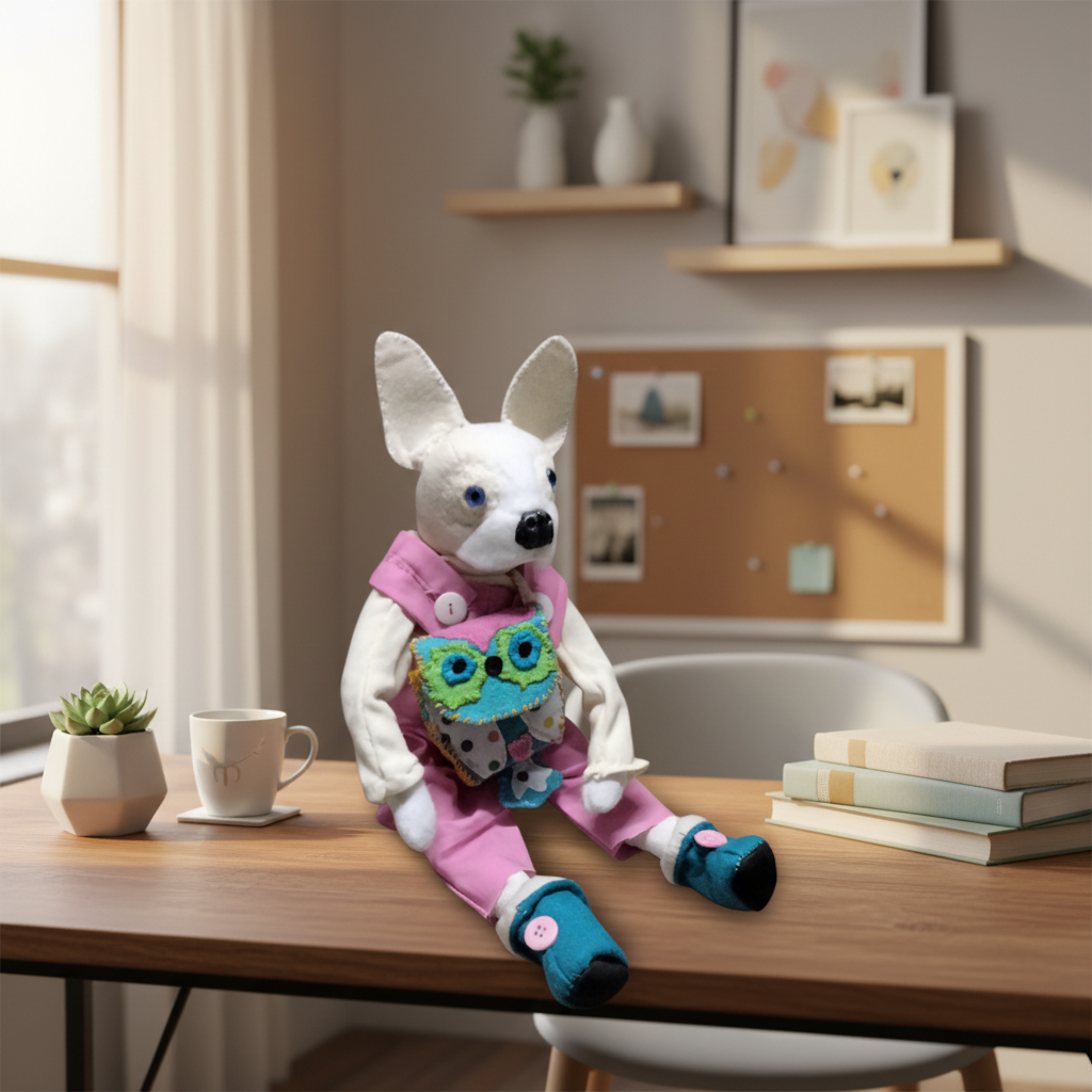 Stuffed animal toy with a pink outfit and blue shoes on a white background