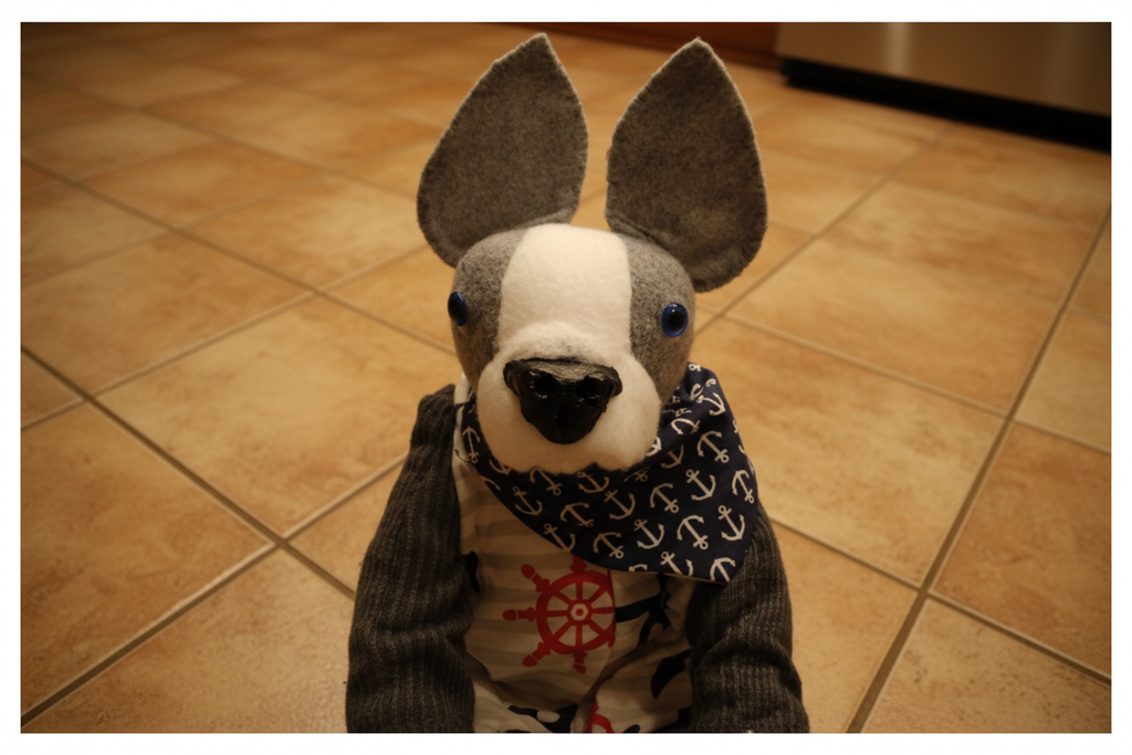 Stuffed dog toy with a pirate-themed shirt and bandana on a chair.