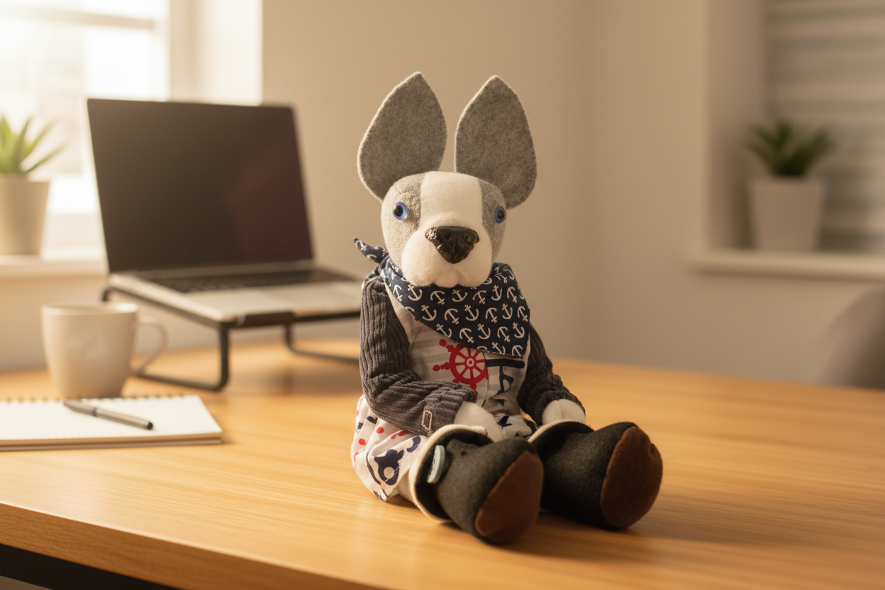 Stuffed animal toy with a sweater on a white background