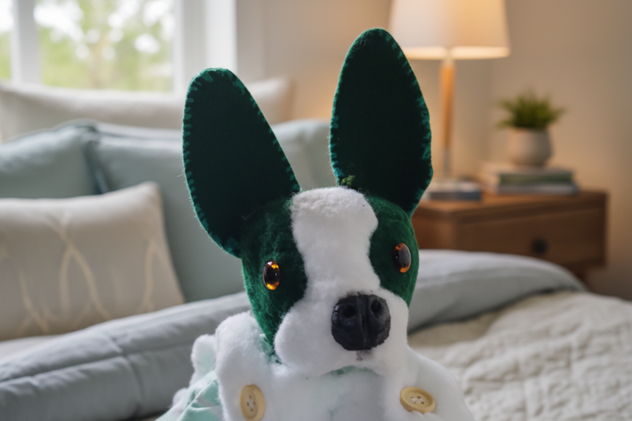 Plush toy resembling a dog with green and white fur on a white background