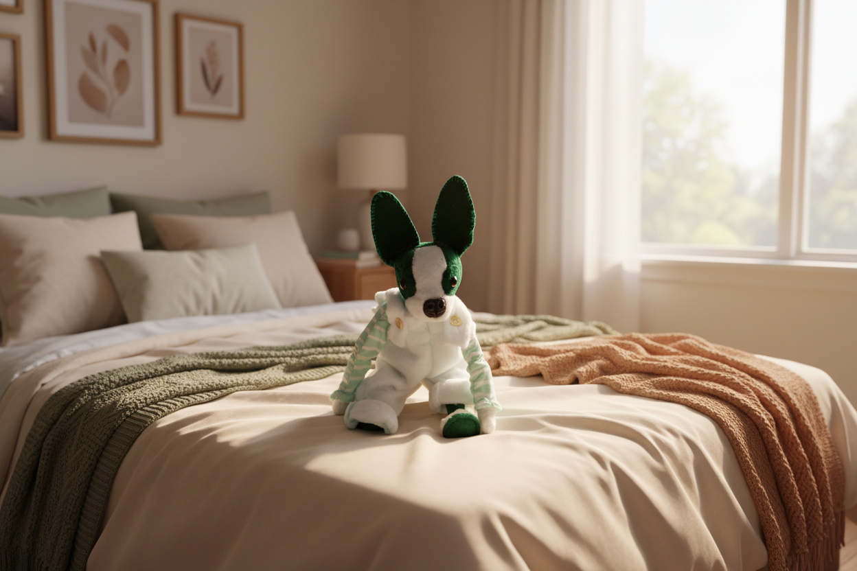 Plush toy resembling a character with green and white fur on a white background