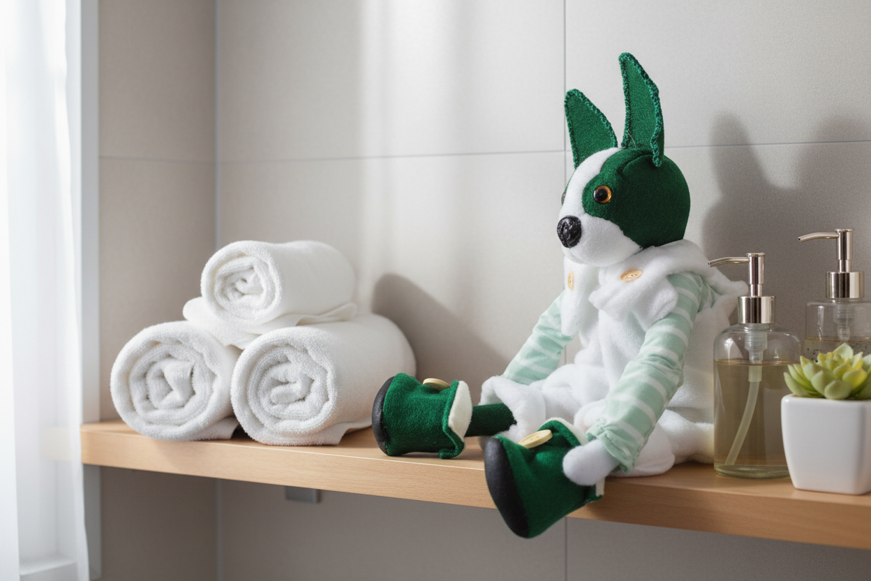 Plush toy resembling a character with green and white outfit on a white background