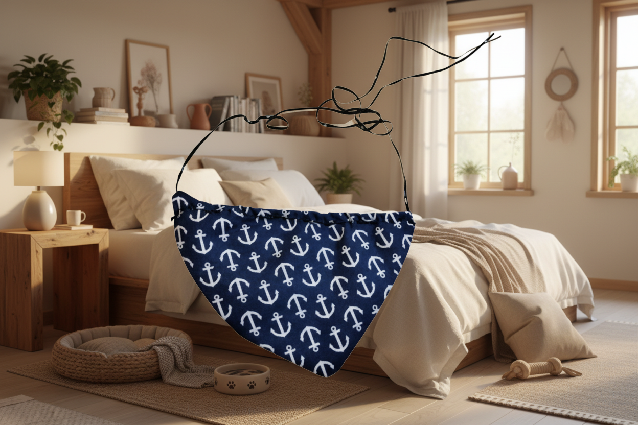 Navy blue bandana with white anchor pattern on a white background