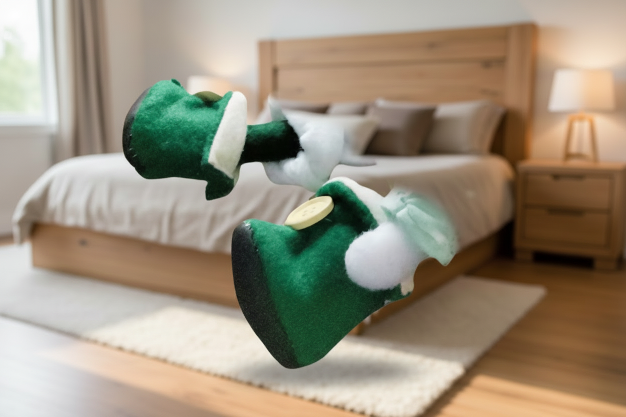 Close-up of a green elf boot with a gold coin on a white background