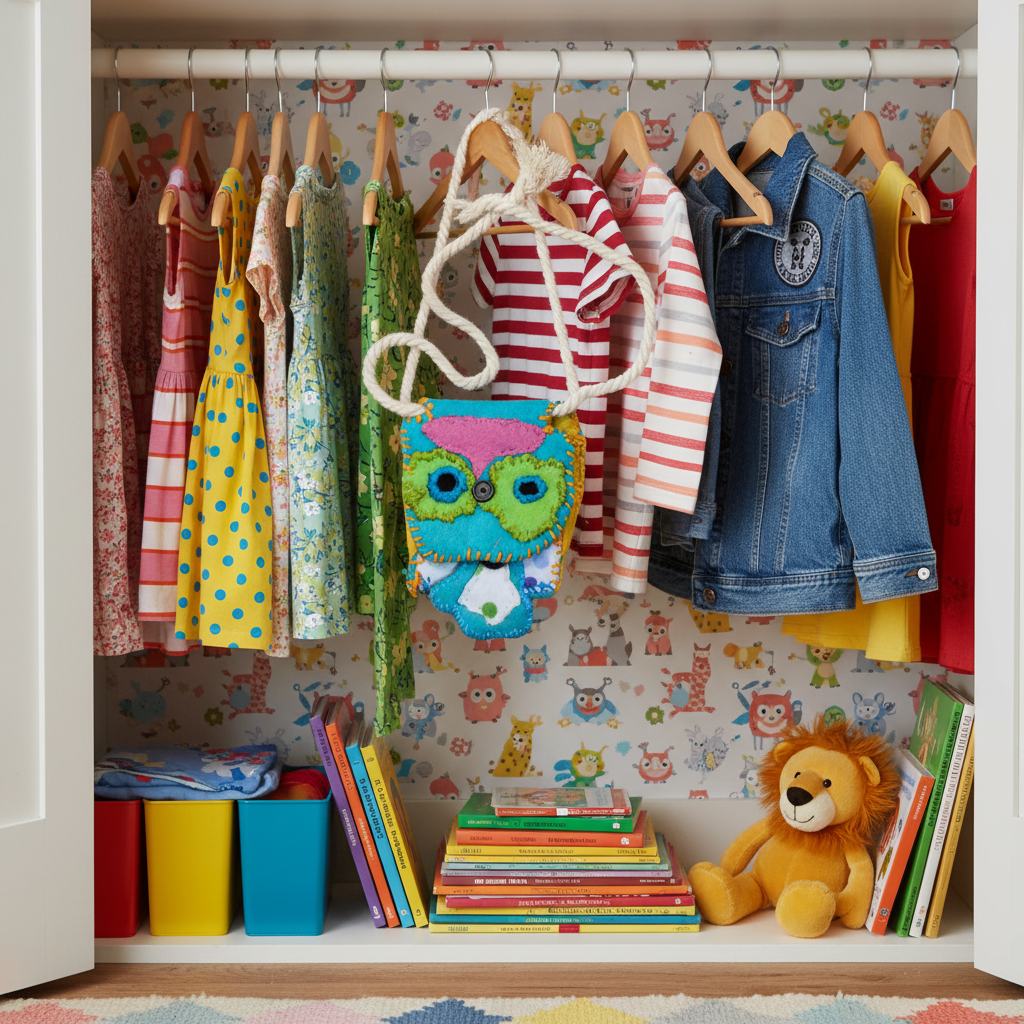 Colorful owl-shaped felt bag with a string on a white background