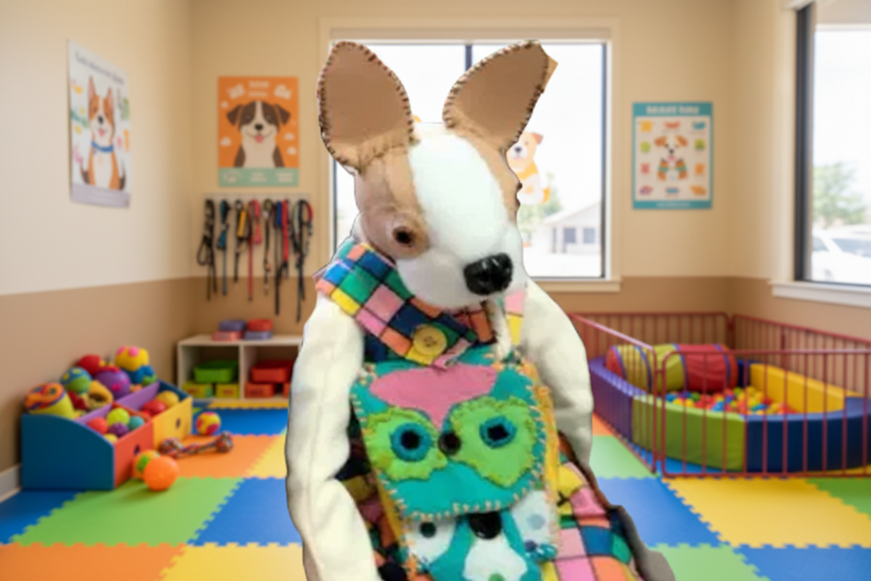 Dog wearing a colorful sweater with owl design on a busy street