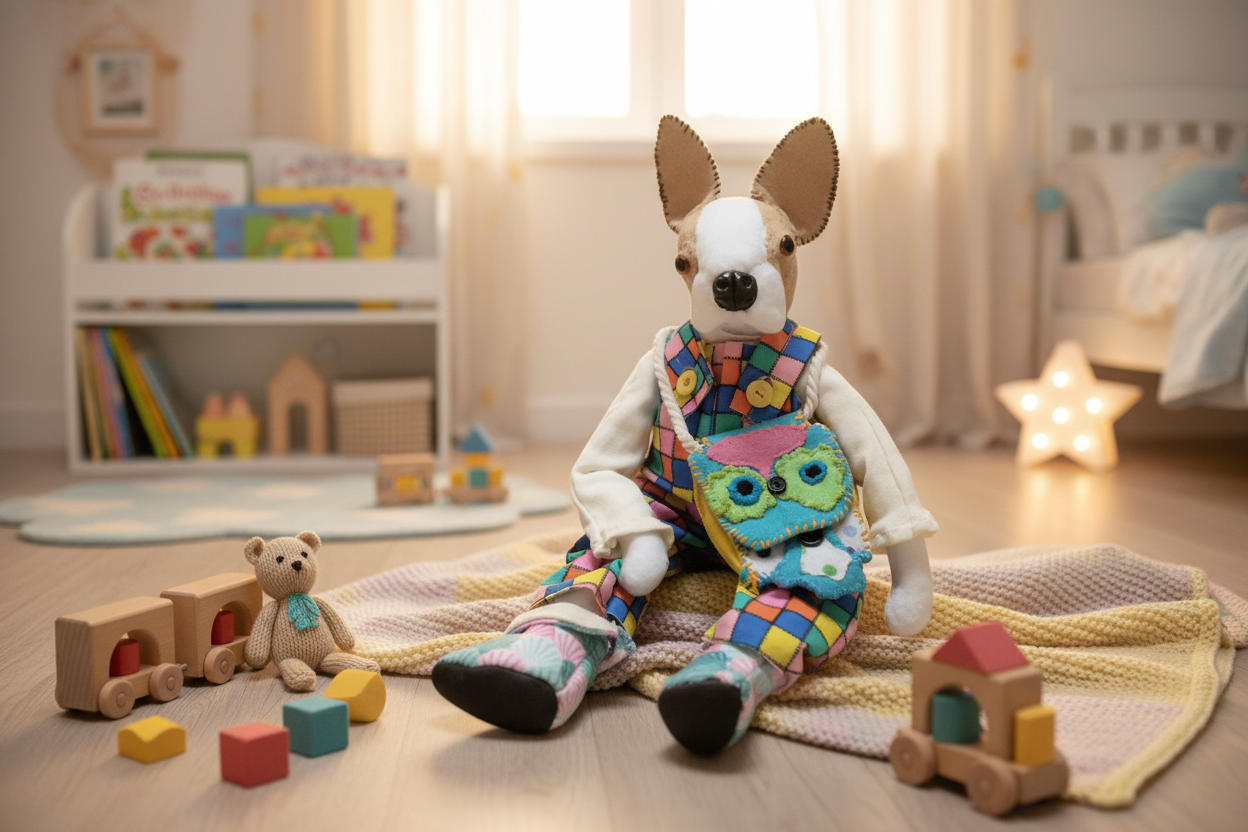 Stuffed toy dog wearing a colorful outfit on a white background