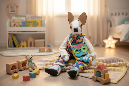 Stuffed toy dog wearing a colorful outfit on a white background