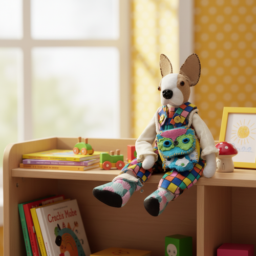 Stuffed toy dog wearing a colorful outfit on a white background