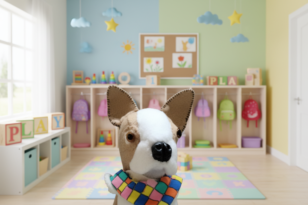 Stuffed animal toy resembling a dog with a neutral background