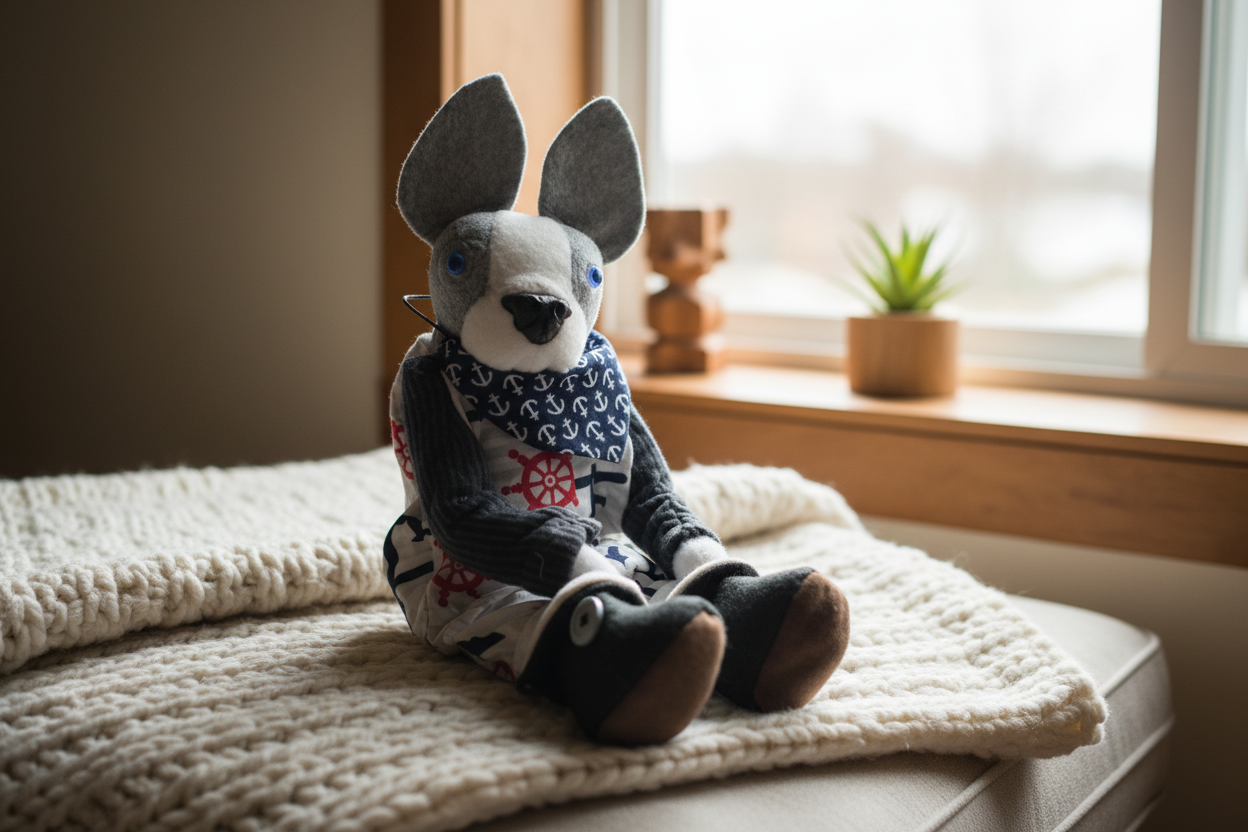 Grey Boston Terrier Plushie in Cozy Setting