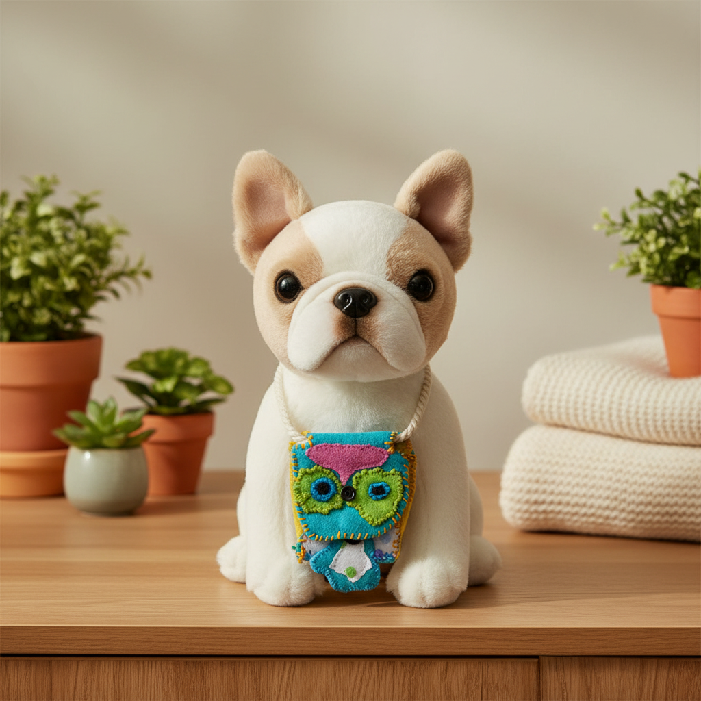 Cream Boston Terrier plushie owl pocketbook styled in a cozy home décor setting
