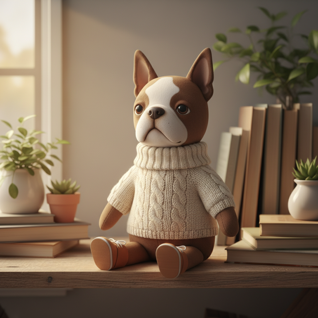 Brown Boston Terrier jointed plushie styled in a cozy home décor setting
