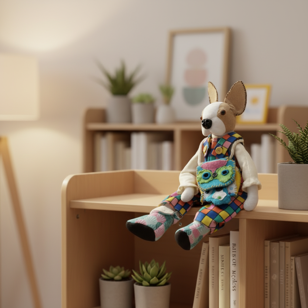 Camel Boston Terrier jointed plushie styled in a cozy home décor setting