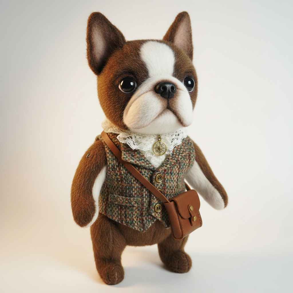 Brown Boston Terrier jointed plushie close up showing face and outfit details