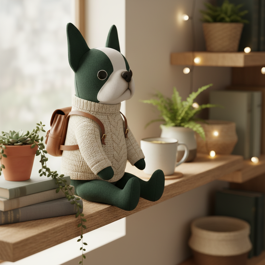 Green Boston Terrier jointed plushie styled in a cozy home décor setting