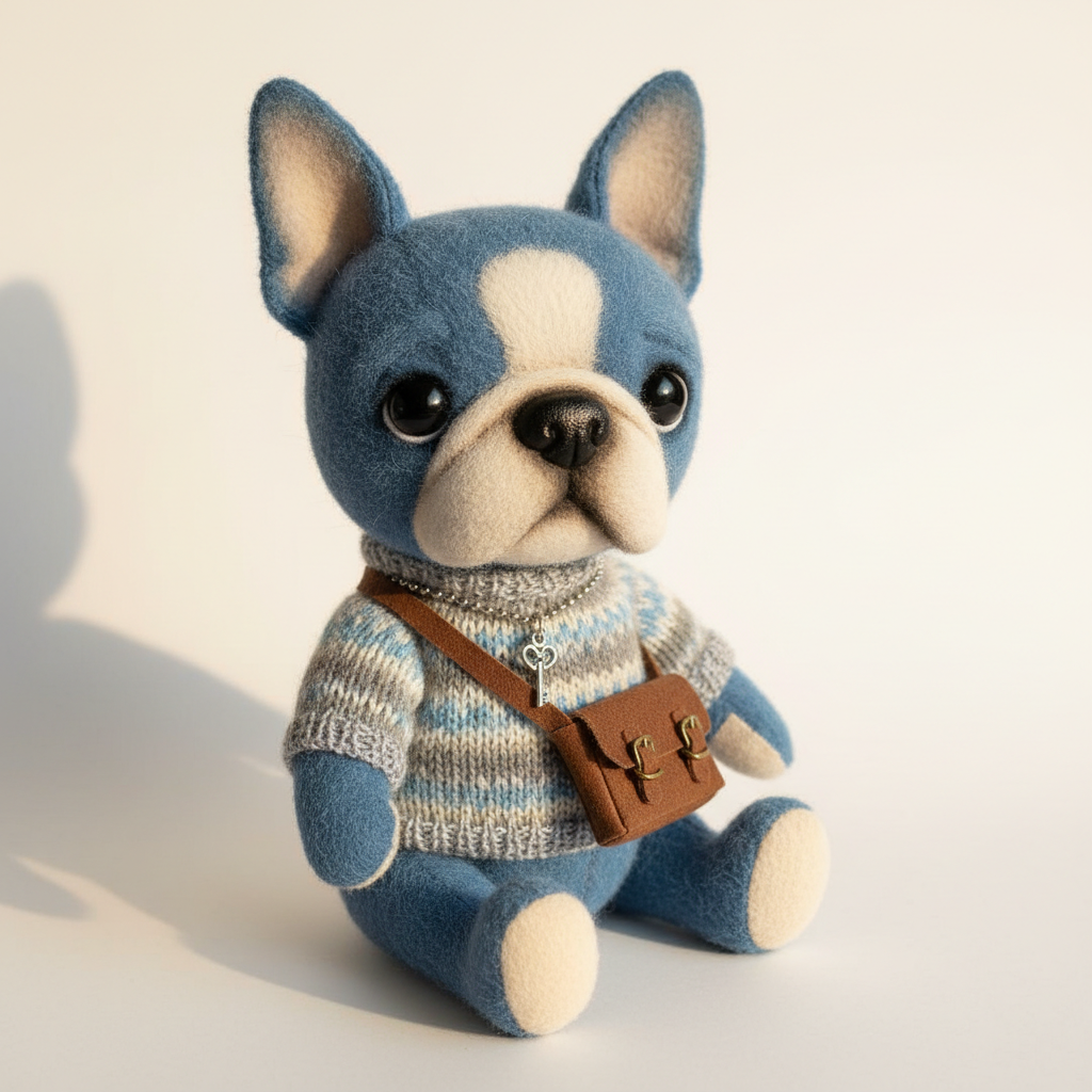 Blue Boston Terrier jointed plushie close up showing face and outfit details