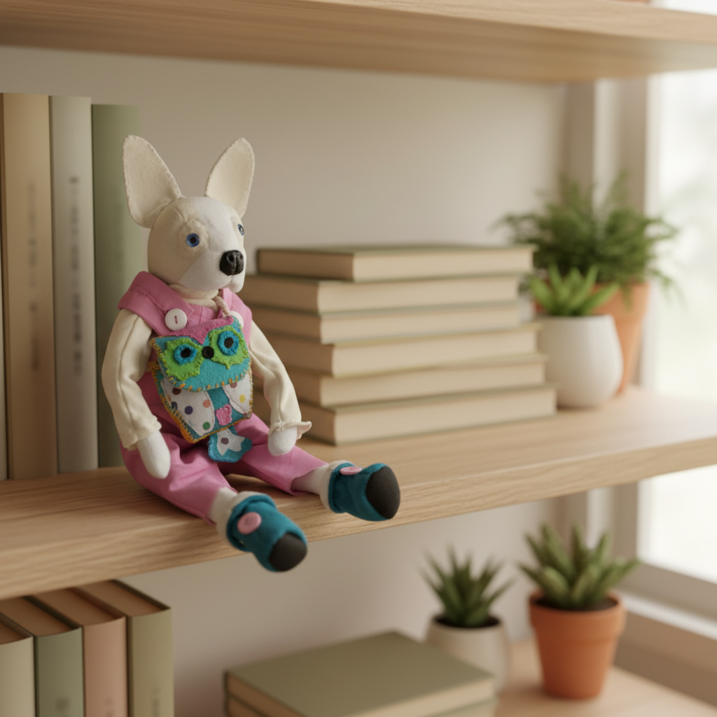 Cream Boston Terrier jointed plushie styled in a cozy home décor setting