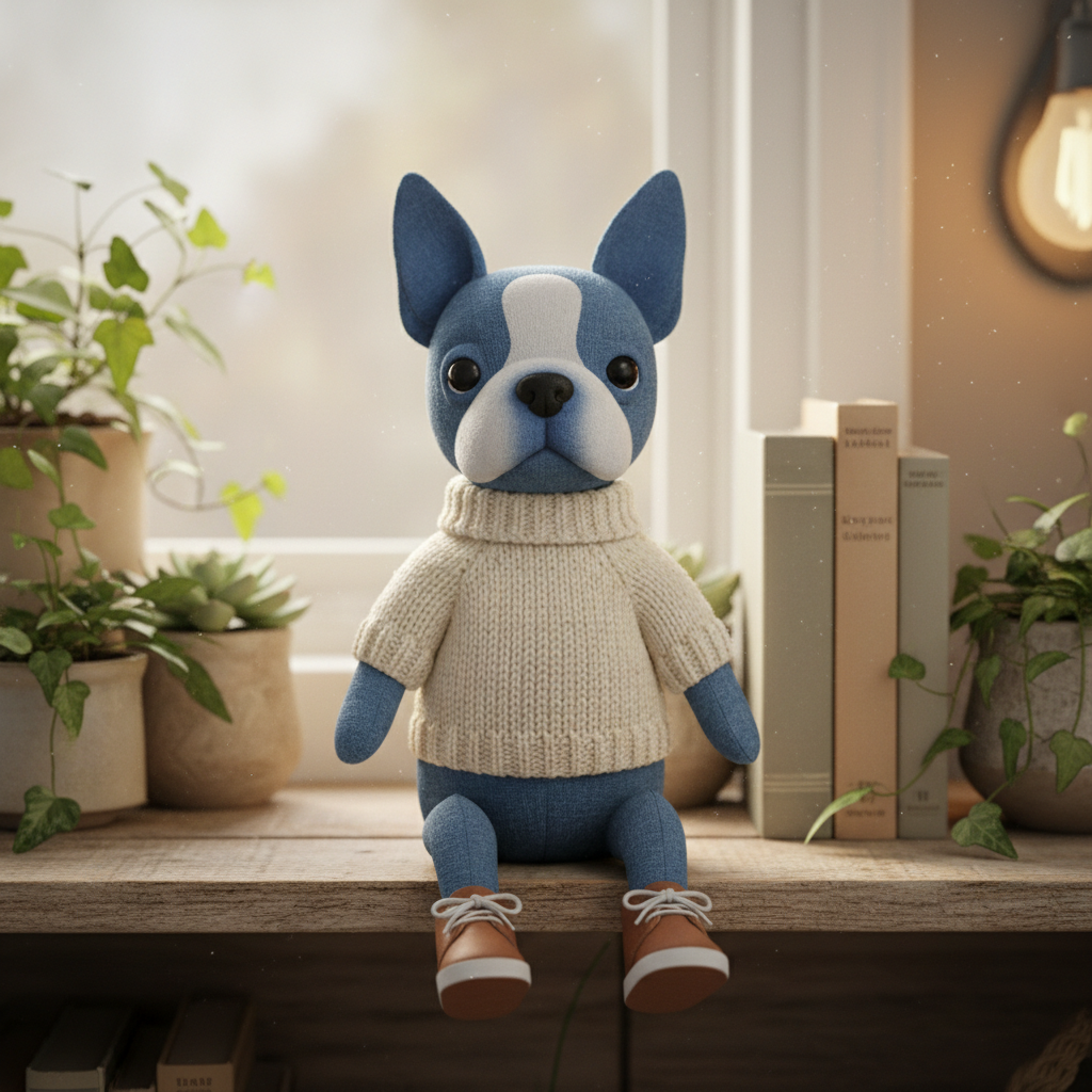 Blue Boston Terrier jointed plushie styled in a cozy home décor setting