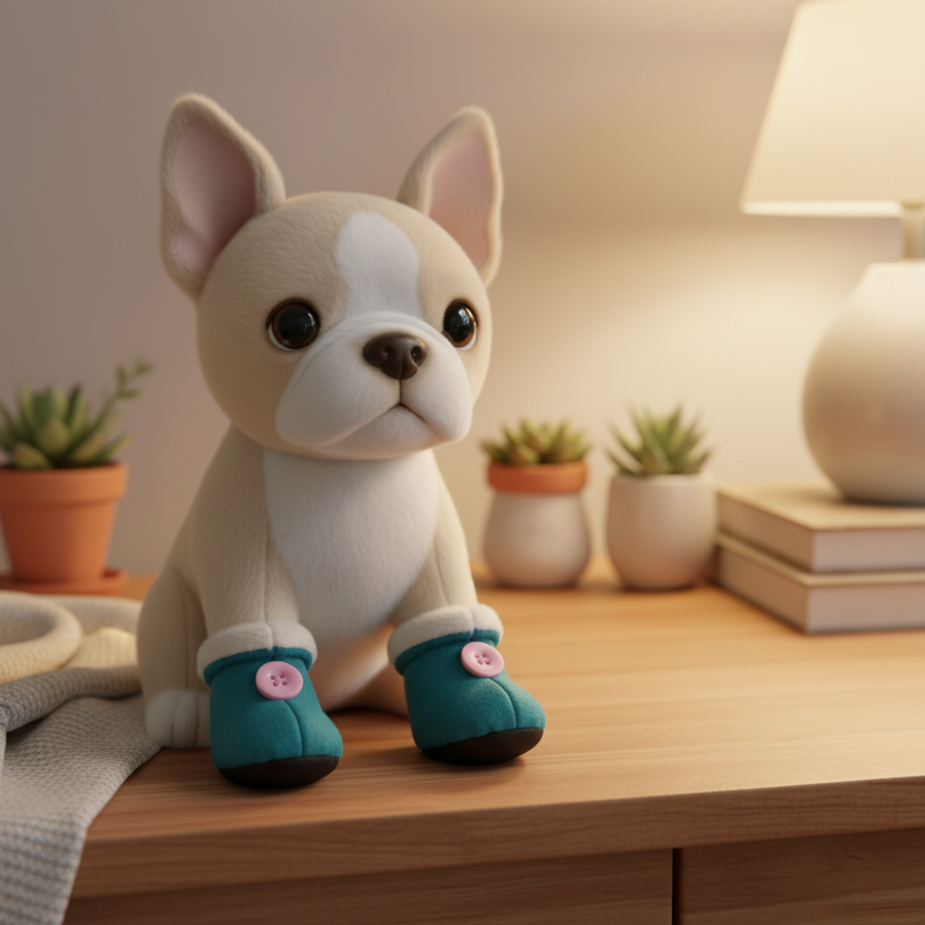 Cream Boston Terrier plushie boots styled in a cozy home décor setting